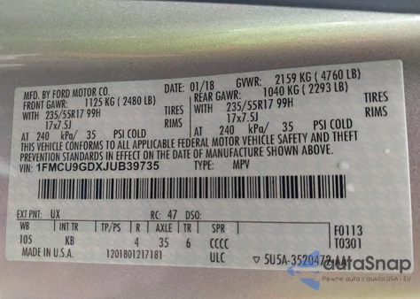 2018 Ford Escape Se z USA, uszkodzony, nr VIN 1FMCU9GDXJUB39735